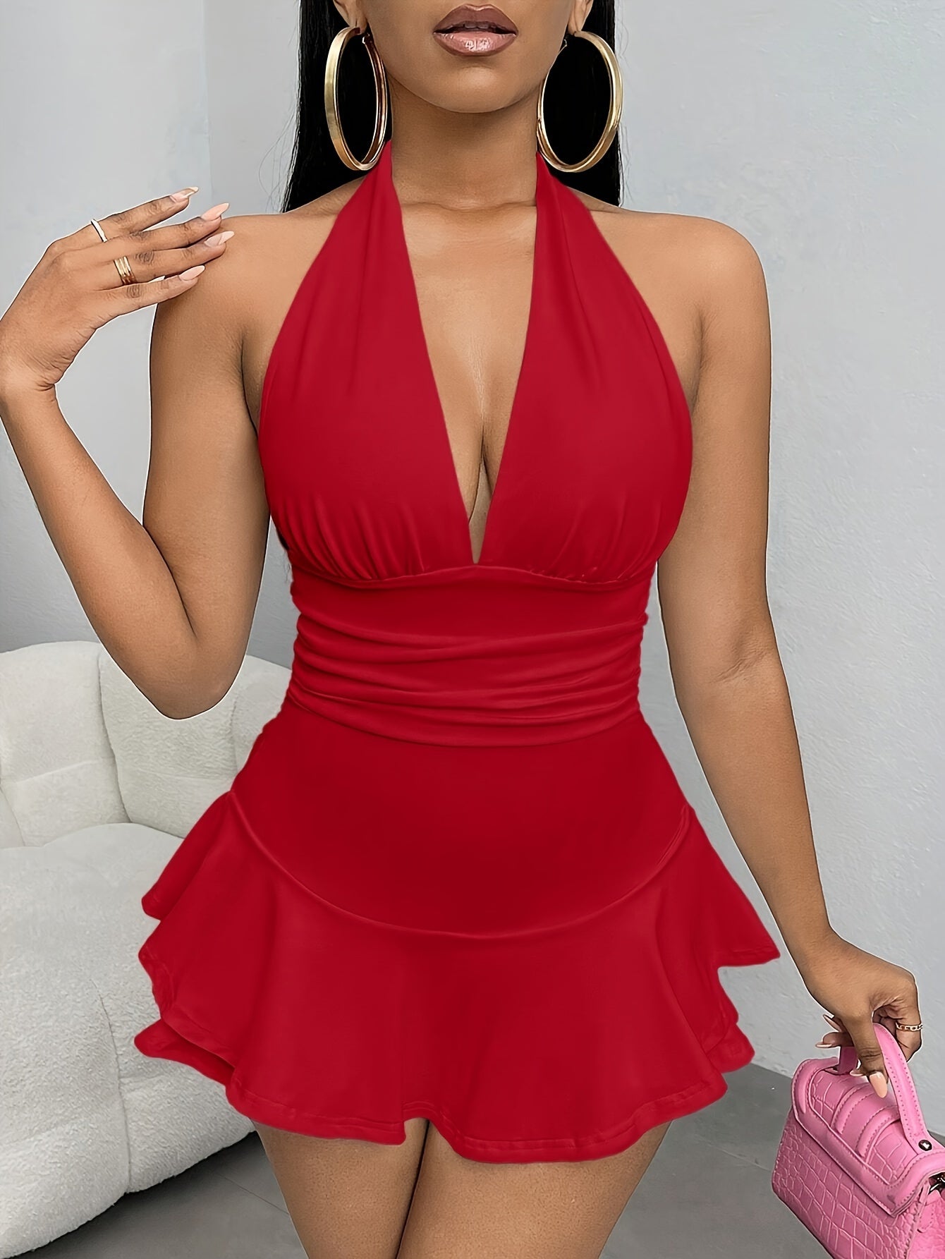Sexy Open Back Ruffle Hem Romper - Solid Color Halter Neck Jumpsuit For Spring & Summer - Women's Clothing